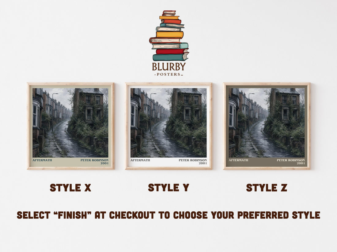 Aftermath literary print in frame leaning in hallway – crime wall art (mockup)