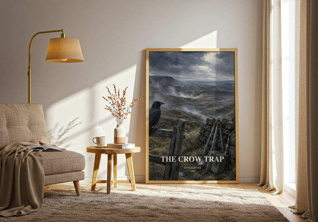 The Crow Trap watercolour print in frame leaning in hallway – mystery wall art (mockup)