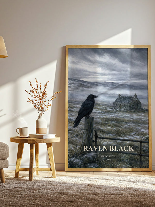 Raven Black watercolour print in frame leaning in hallway – mystery wall art