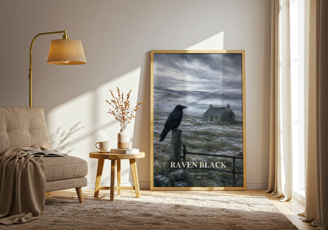 Raven Black watercolour print in frame leaning in hallway – mystery wall art (mockup)