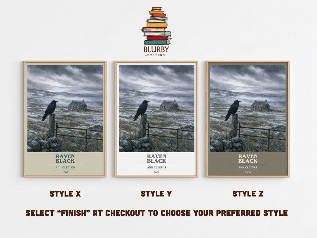 Raven Black book cover print in frame leaning in hallway – mystery wall art (mockup)