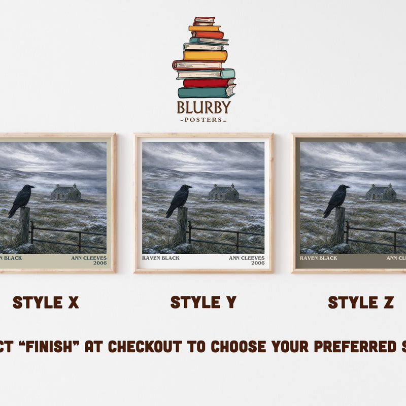 Raven Black literary print in frame leaning in hallway – mystery wall art