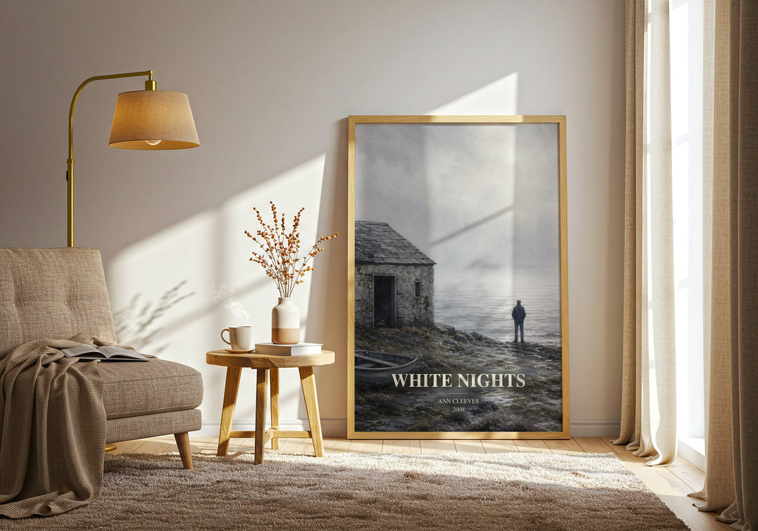 White Nights watercolour print in frame leaning in hallway – crime wall art (mockup)