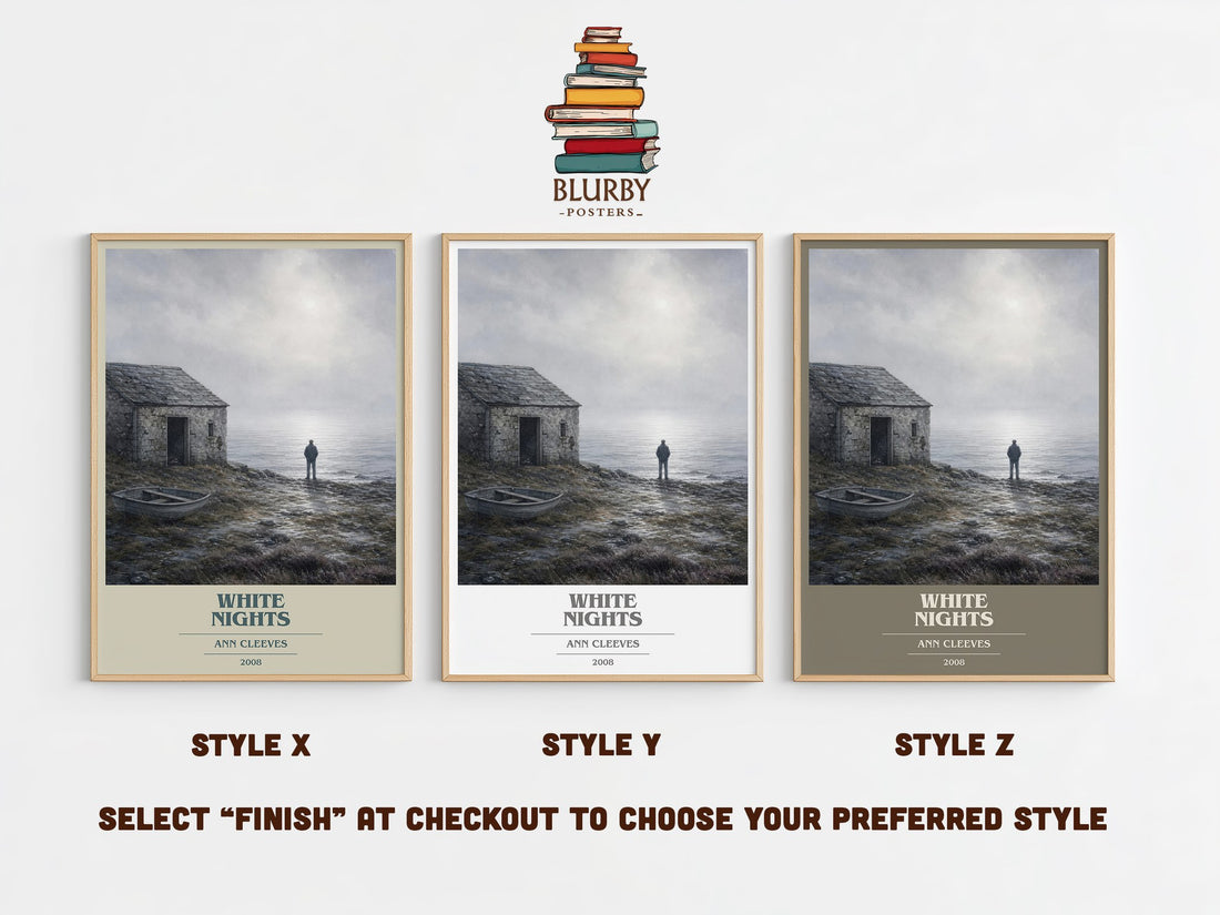 White Nights book cover print in frame leaning in hallway – crime wall art (mockup)