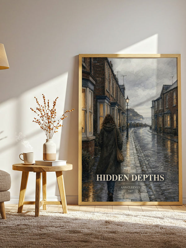 Hidden Depths watercolour print in frame leaning in hallway – mystery wall art