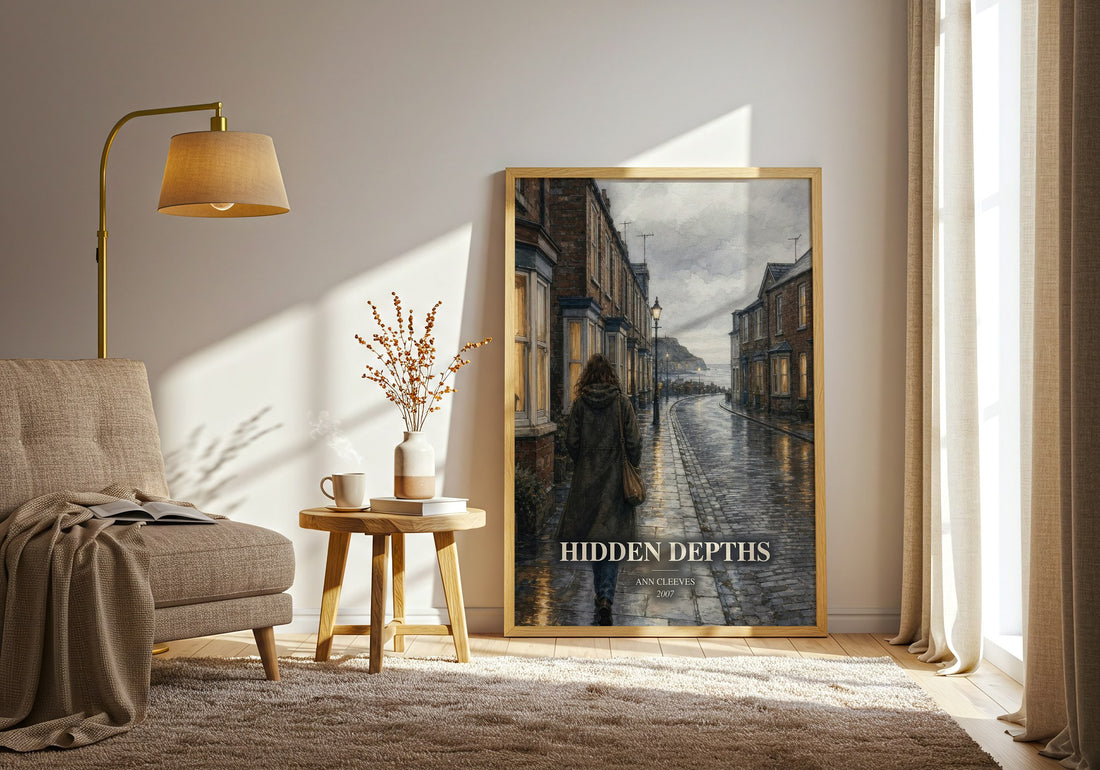 Hidden Depths watercolour print in frame leaning in hallway – mystery wall art (mockup)