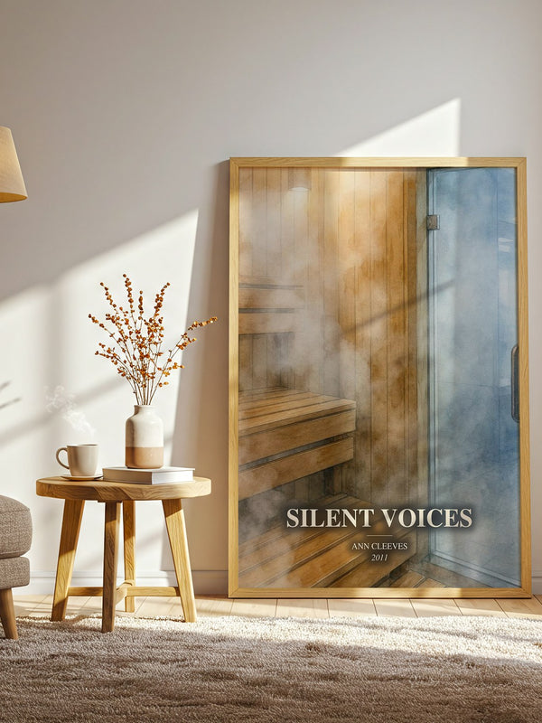 Silent Voices watercolour print in frame leaning in hallway – mystery wall art