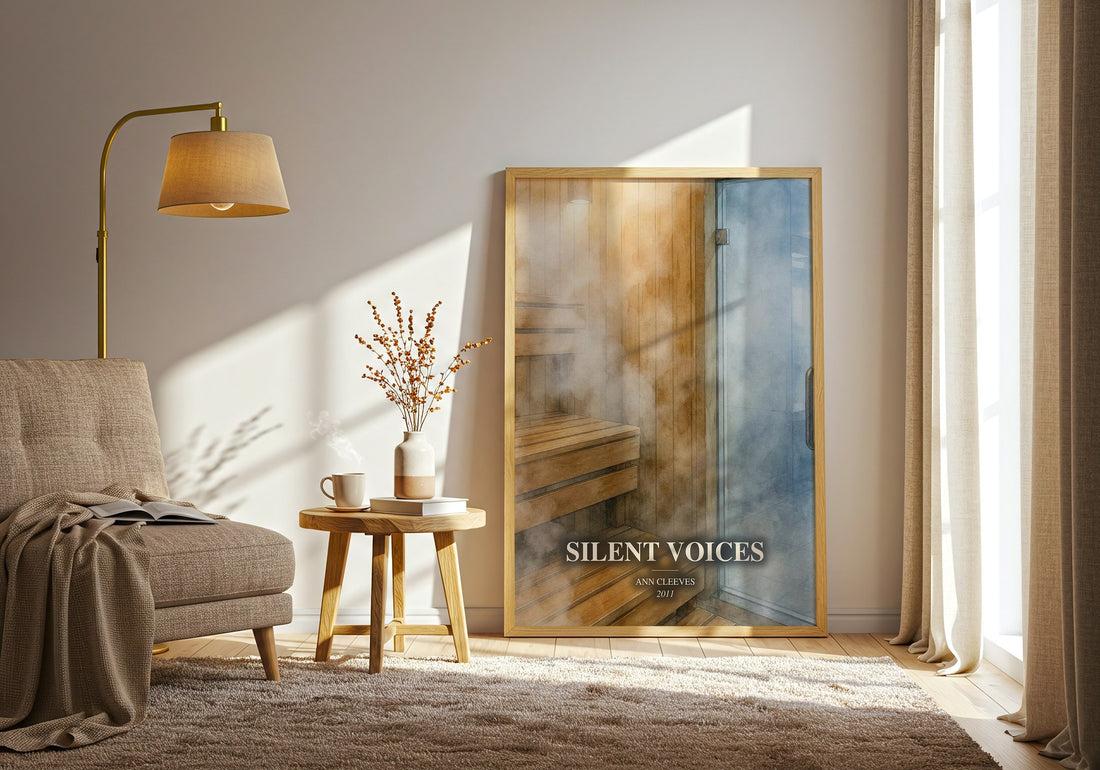 Silent Voices watercolour print in frame leaning in hallway – mystery wall art (mockup)