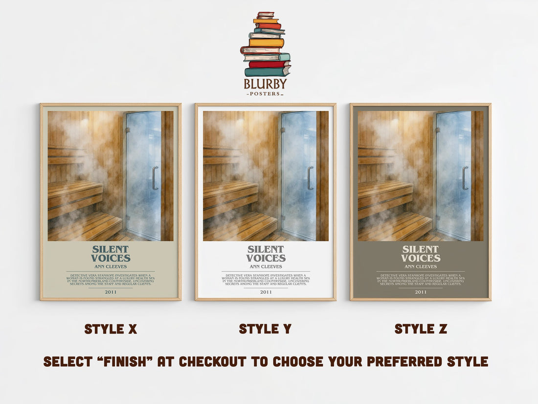 Silent Voices bookish print in frame leaning in hallway – mystery wall art (mockup)
