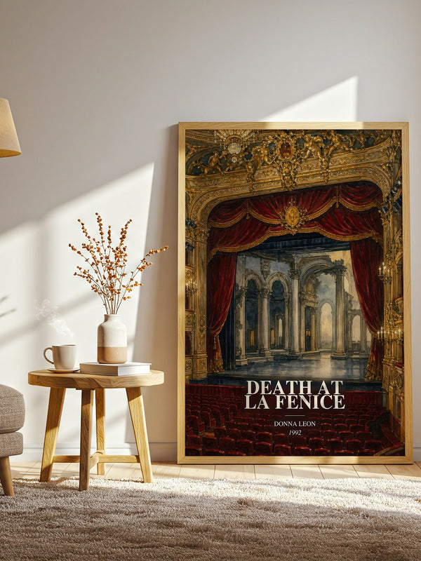 Death at La Fenice watercolour print in frame leaning in hallway – mystery wall art
