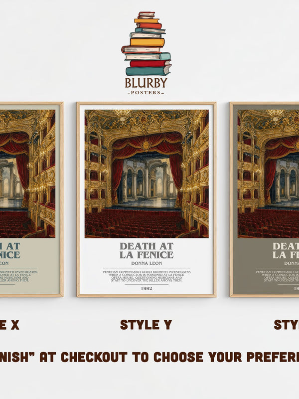 Death at La Fenice bookish print in frame leaning in hallway – mystery wall art