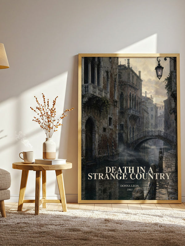 Death in a Strange Country watercolour print in frame leaning in hallway – mystery wall art