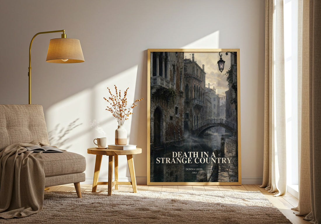 Death in a Strange Country watercolour print in frame leaning in hallway – mystery wall art (mockup)
