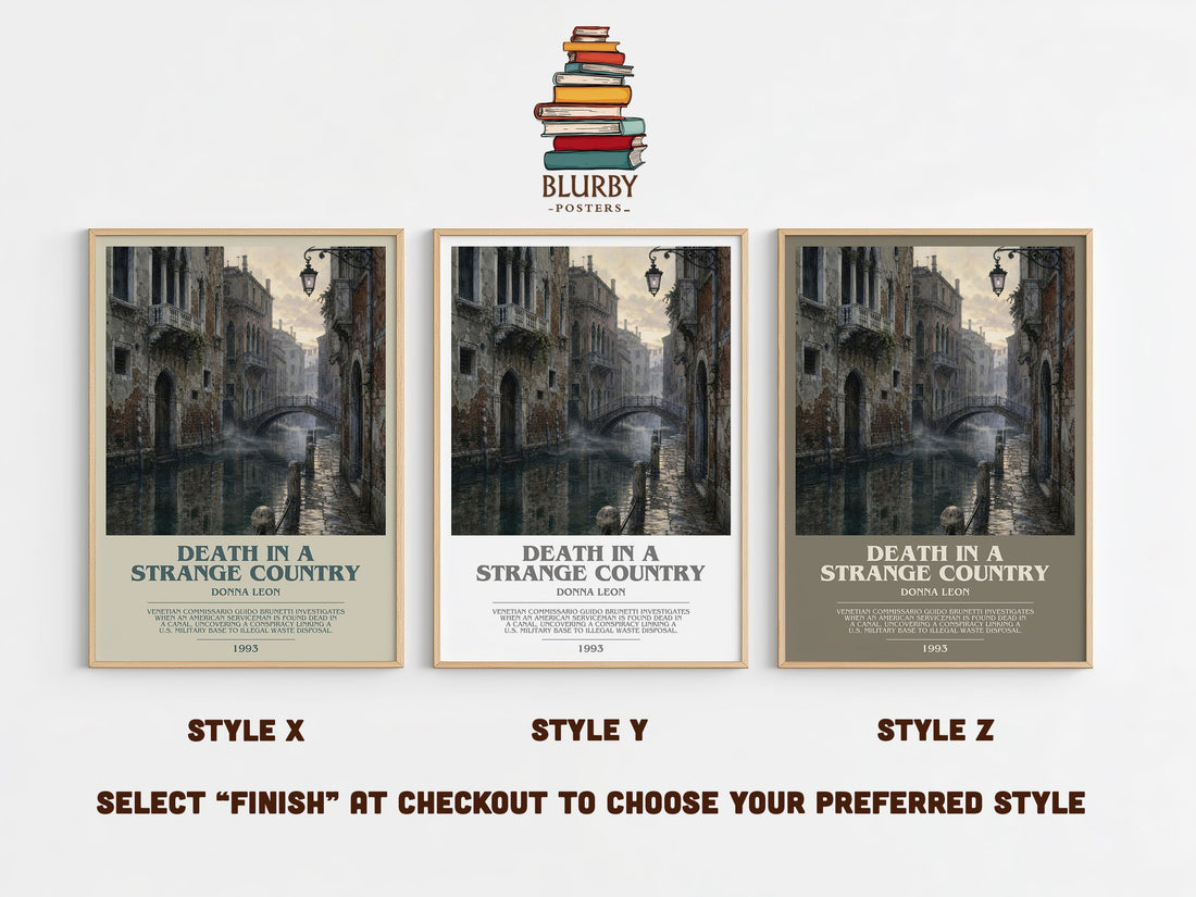 Death in a Strange Country bookish print in frame leaning in hallway – mystery wall art (mockup)