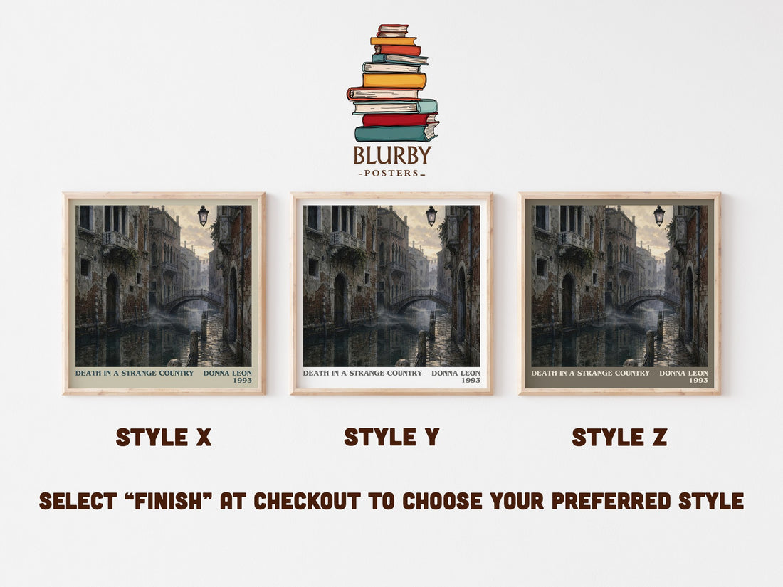 Death in a Strange Country literary print in frame leaning in hallway – mystery wall art (mockup)