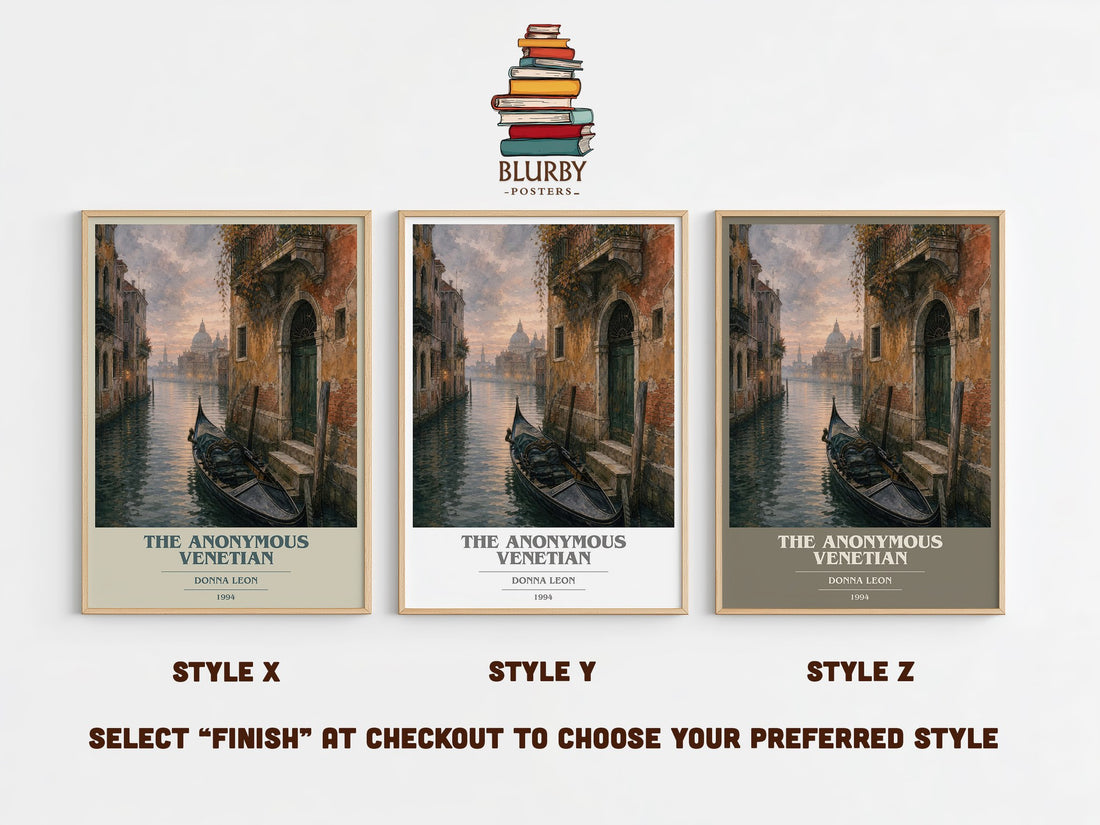 The Anonymous Venetian book cover print in frame leaning in hallway – literary fiction wall art (mockup)