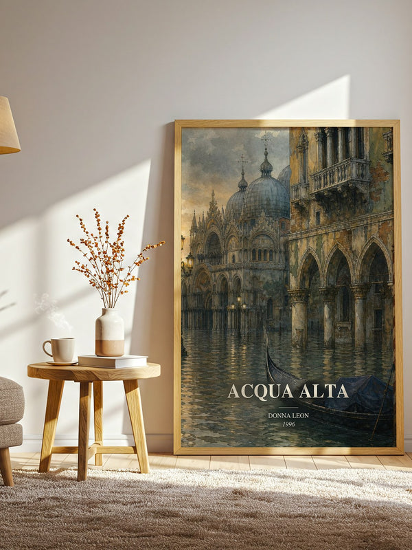 Acqua Alta watercolour print in frame leaning in hallway – mystery wall art