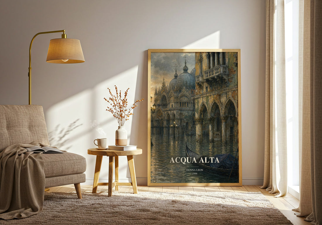 Acqua Alta watercolour print in frame leaning in hallway – mystery wall art (mockup)
