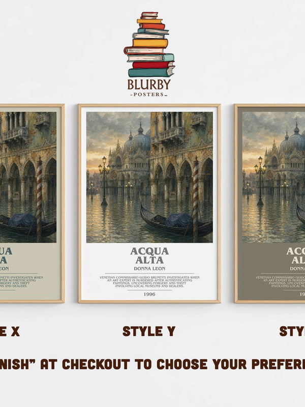 Acqua Alta bookish print in frame leaning in hallway – mystery wall art