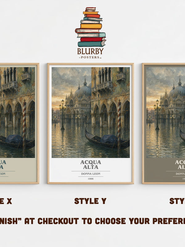 Acqua Alta book cover print in frame leaning in hallway – mystery wall art