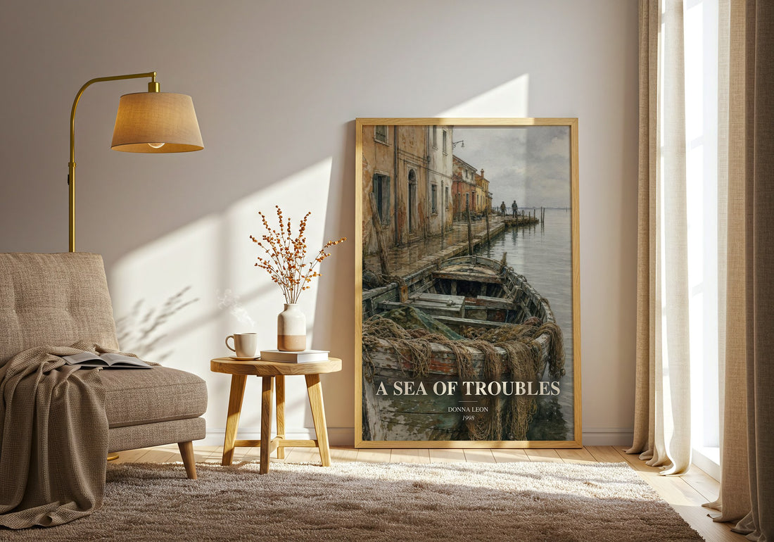 A Sea of Troubles watercolour print in frame leaning in hallway – crime wall art (mockup)
