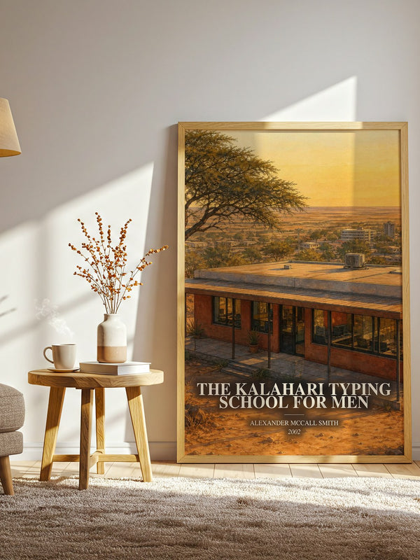 The Kalahari Typing School for Men watercolour print in frame leaning in hallway – mystery wall art