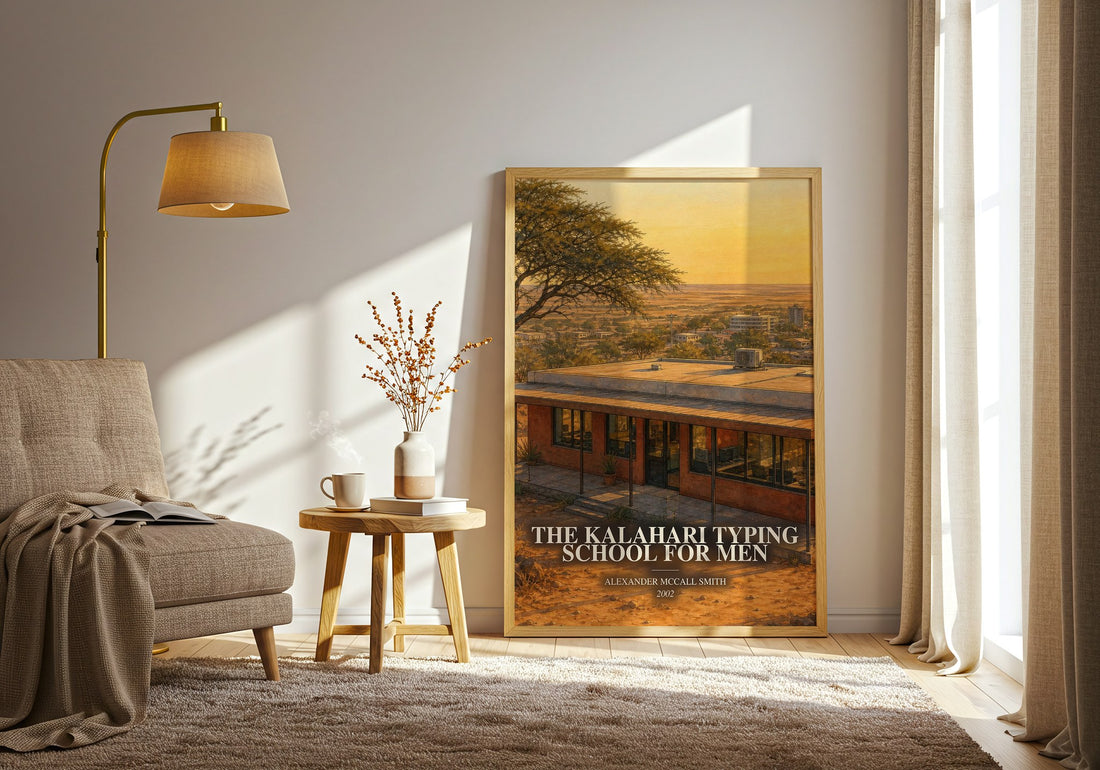 The Kalahari Typing School for Men watercolour print in frame leaning in hallway – mystery wall art (mockup)