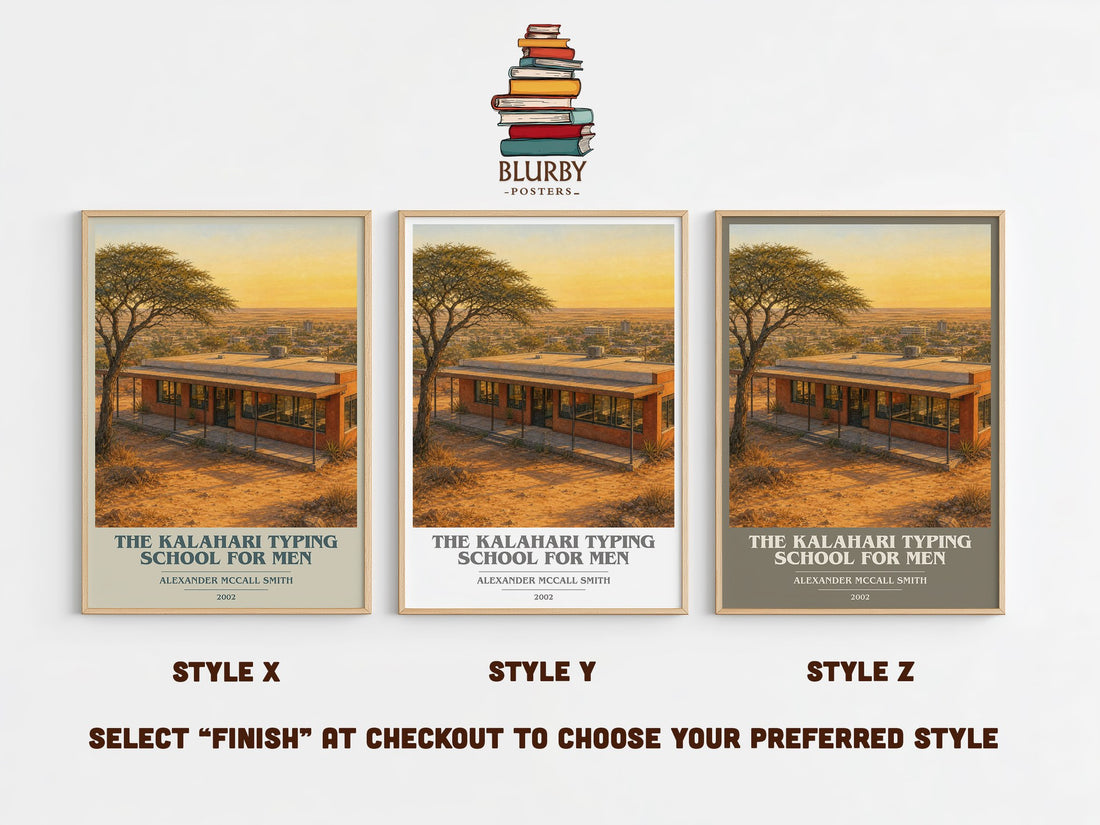 The Kalahari Typing School for Men book cover print in frame leaning in hallway – mystery wall art (mockup)