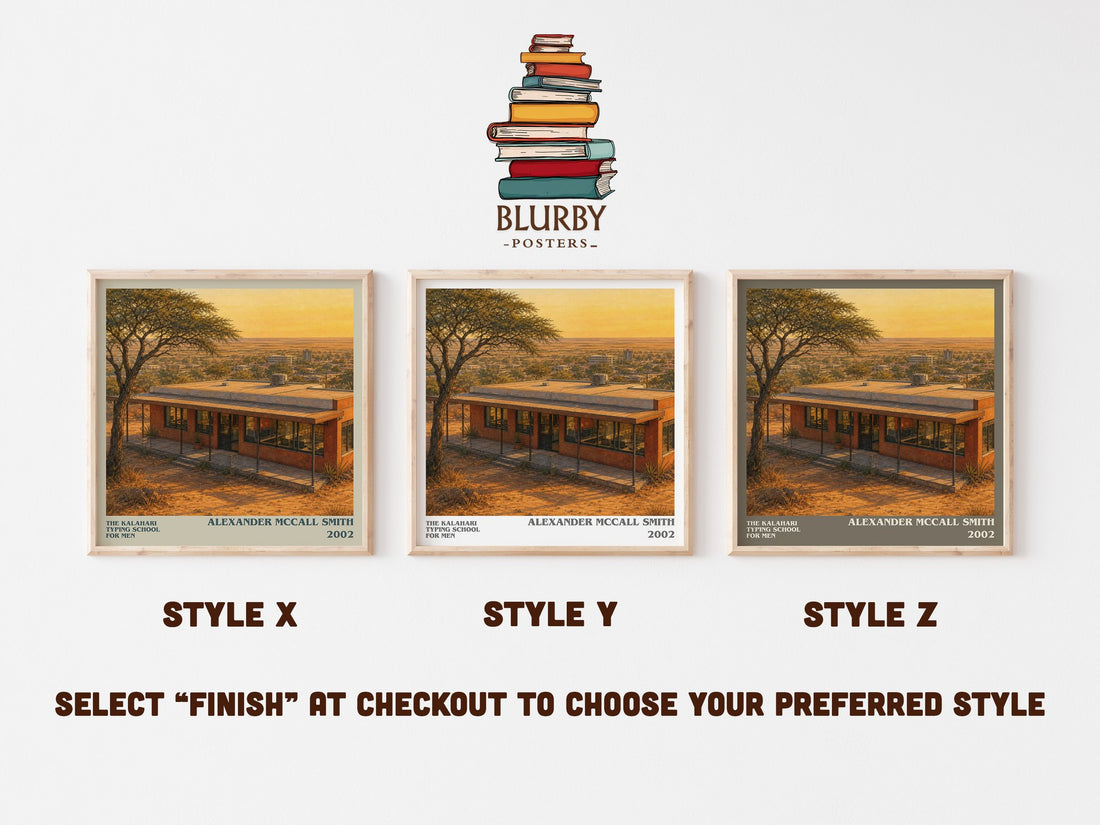 The Kalahari Typing School for Men literary print in frame leaning in hallway – mystery wall art (mockup)
