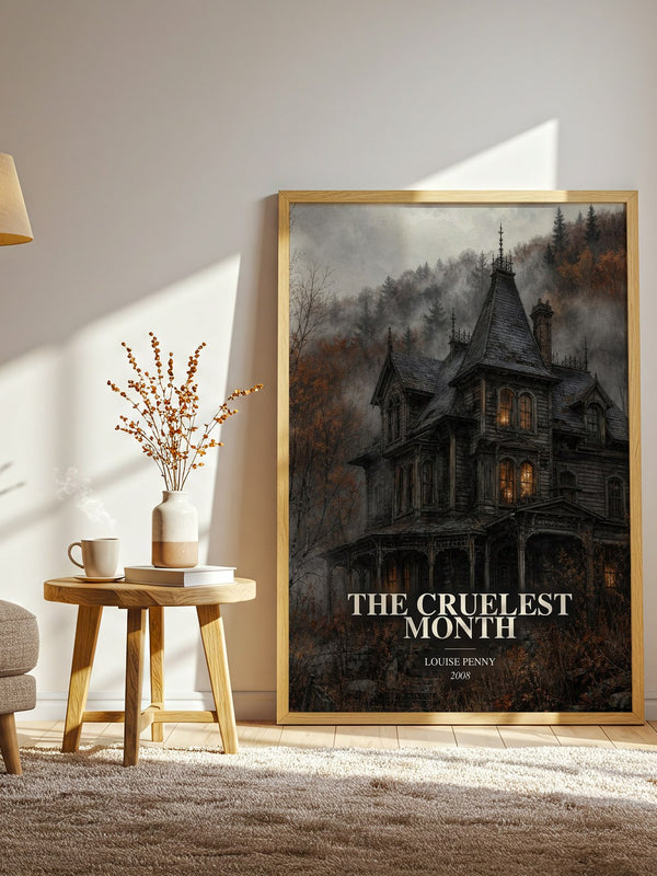 The Cruelest Month watercolour print in frame leaning in hallway – mystery wall art