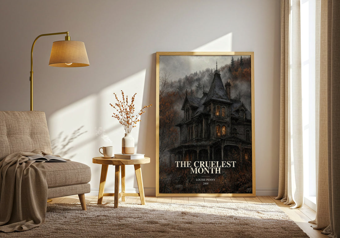 The Cruelest Month watercolour print in frame leaning in hallway – mystery wall art (mockup)