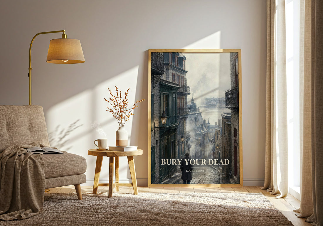 Bury Your Dead watercolour print in frame leaning in hallway – mystery wall art (mockup)