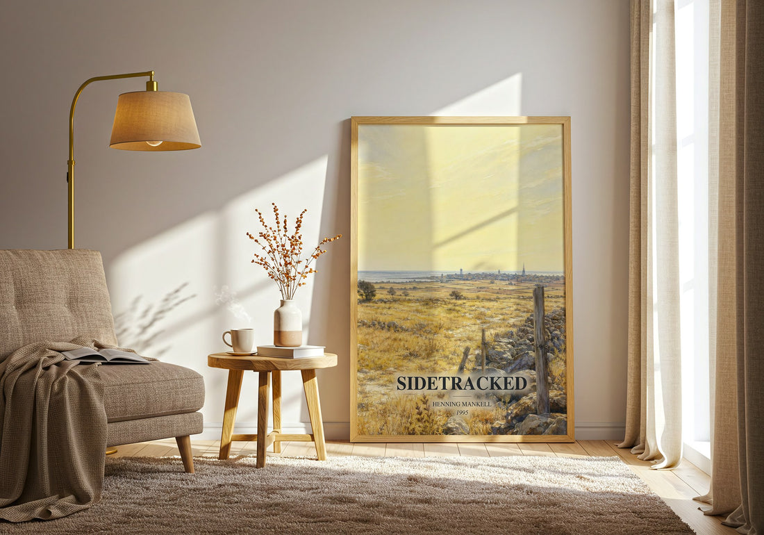 Sidetracked watercolour print in frame leaning in hallway – crime wall art (mockup)