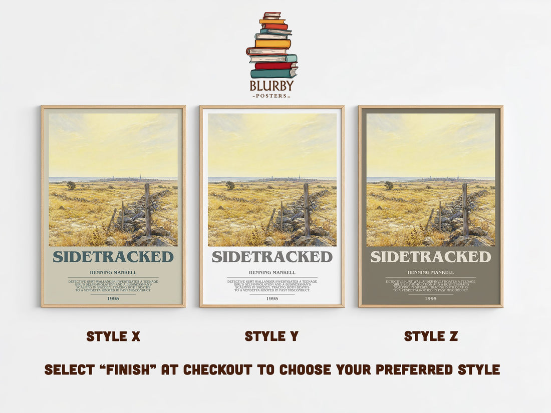 Sidetracked bookish print in frame leaning in hallway – crime wall art (mockup)