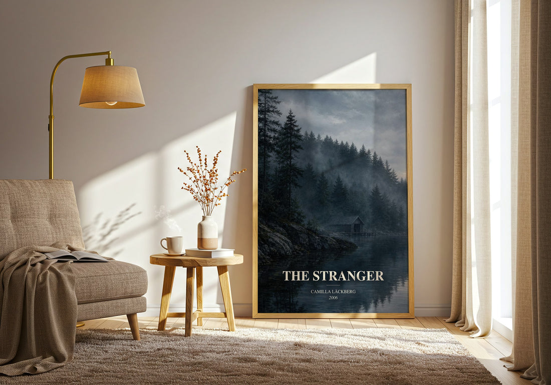 The Stranger watercolour print in frame leaning in hallway – crime wall art (mockup)