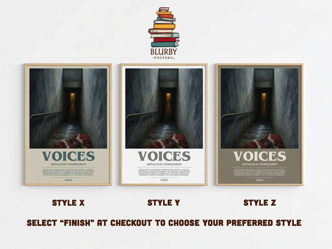 Voices bookish print in frame leaning in hallway – crime wall art (mockup)