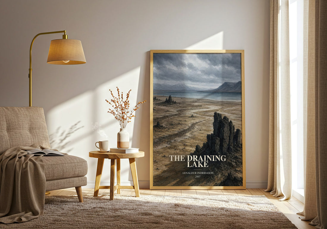 The Draining Lake watercolour print in frame leaning in hallway – crime wall art (mockup)