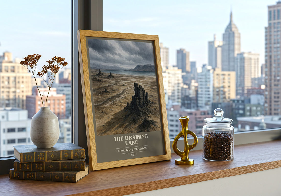 The Draining Lake book cover print framed by window – literary home decor