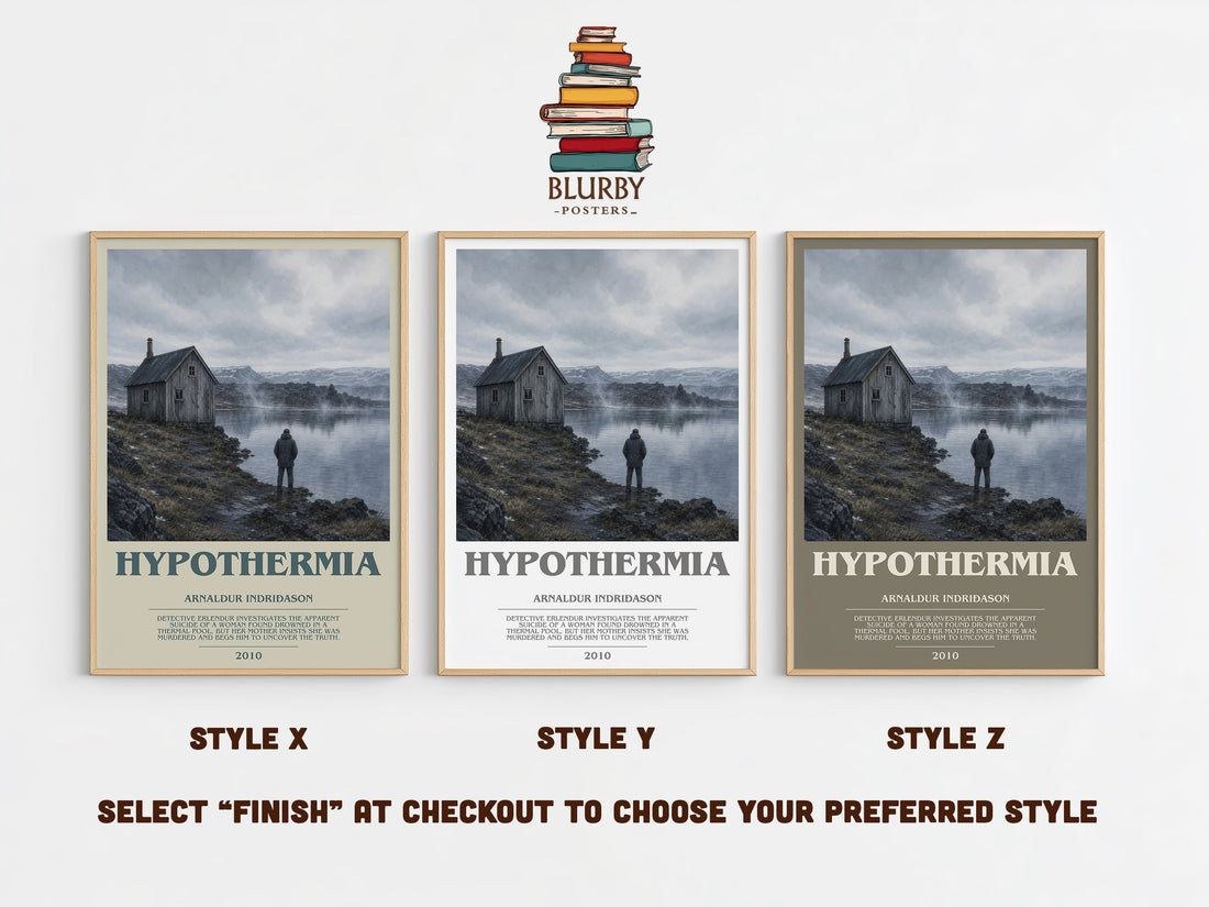 Hypothermia bookish print in frame leaning in hallway – crime wall art (mockup)