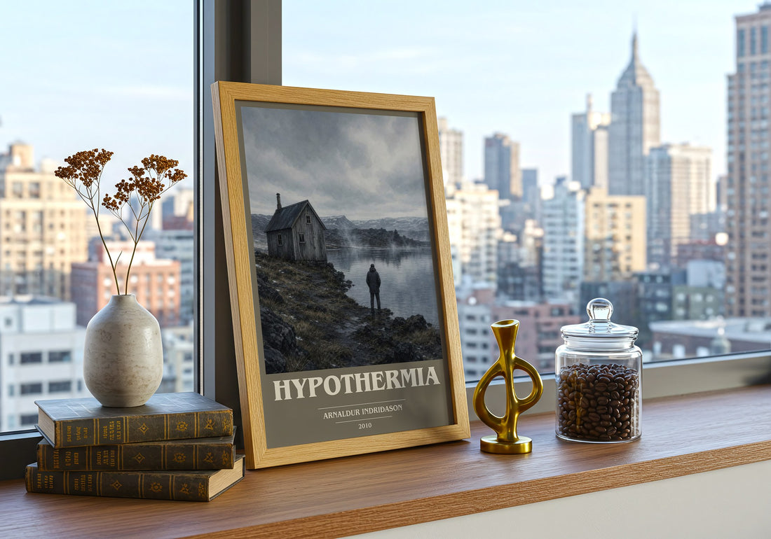 Hypothermia book cover print framed by window – literary home decor