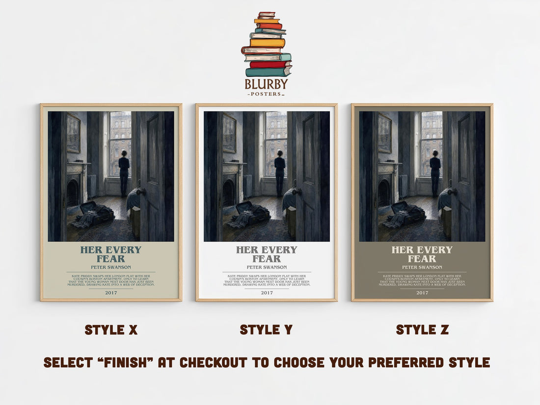 Her Every Fear bookish print in frame leaning in hallway – thriller wall art (mockup)