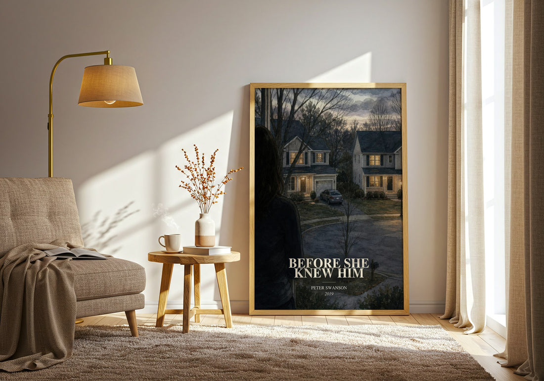 Before She Knew Him watercolour print in frame leaning in hallway – thriller wall art (mockup)