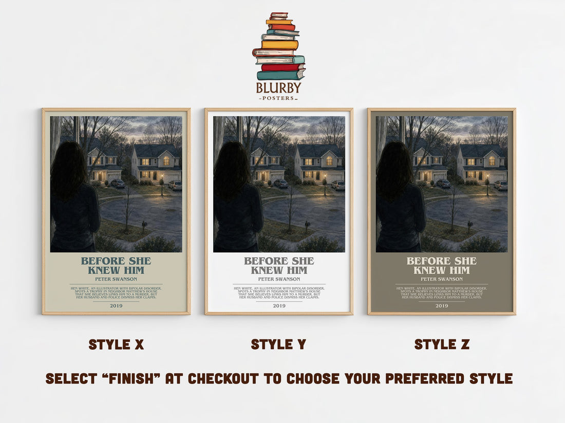 Before She Knew Him bookish print in frame leaning in hallway – thriller wall art (mockup)