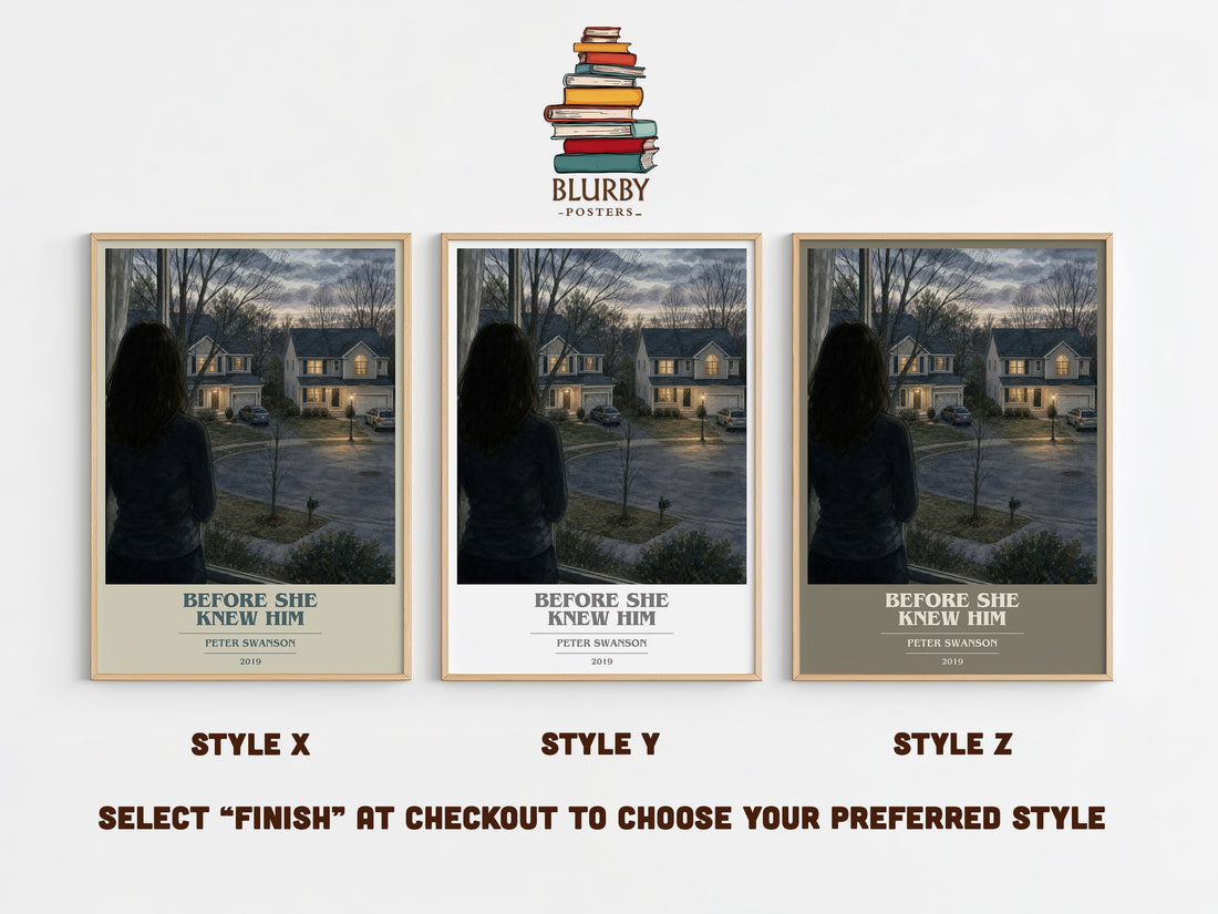 Before She Knew Him book cover print in frame leaning in hallway – thriller wall art (mockup)
