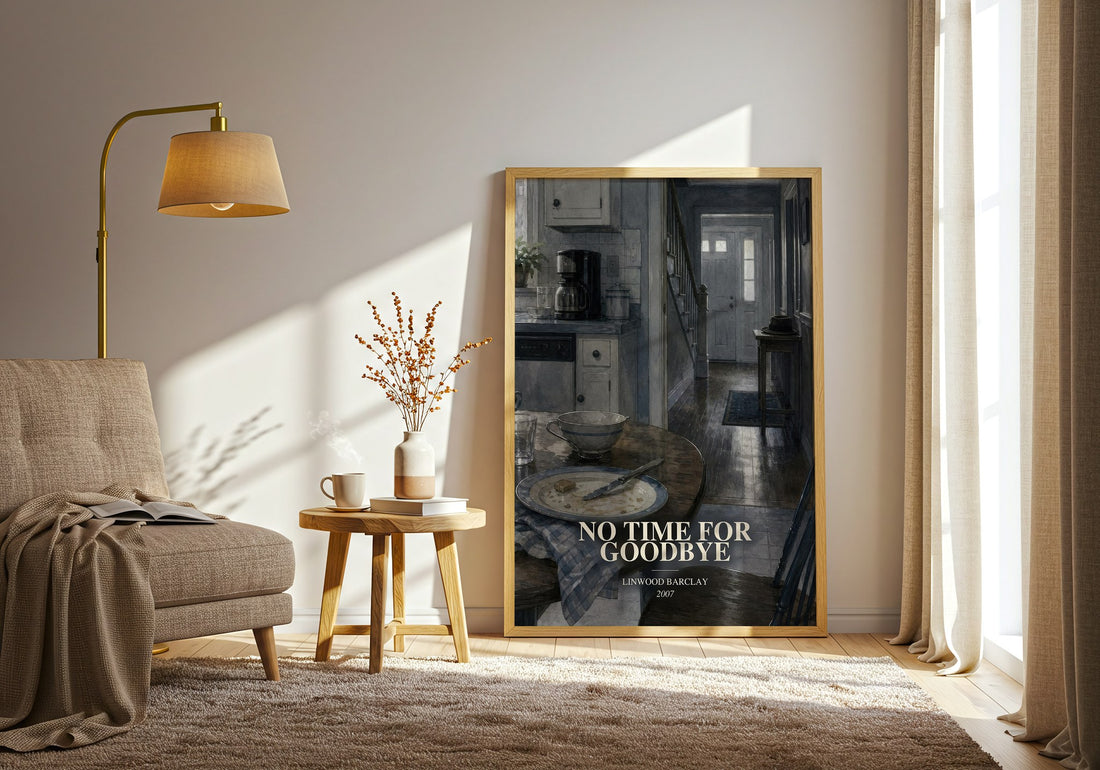 No Time for Goodbye watercolour print in frame leaning in hallway – thriller wall art (mockup)