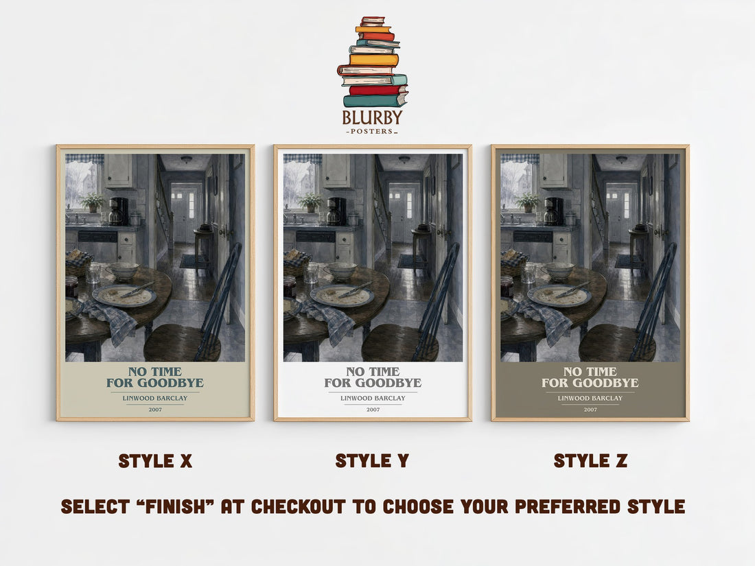 No Time for Goodbye book cover print in frame leaning in hallway – thriller wall art (mockup)