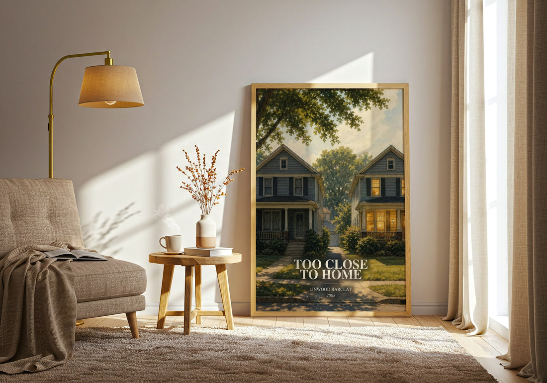 Too Close to Home watercolour print in frame leaning in hallway – thriller wall art (mockup)