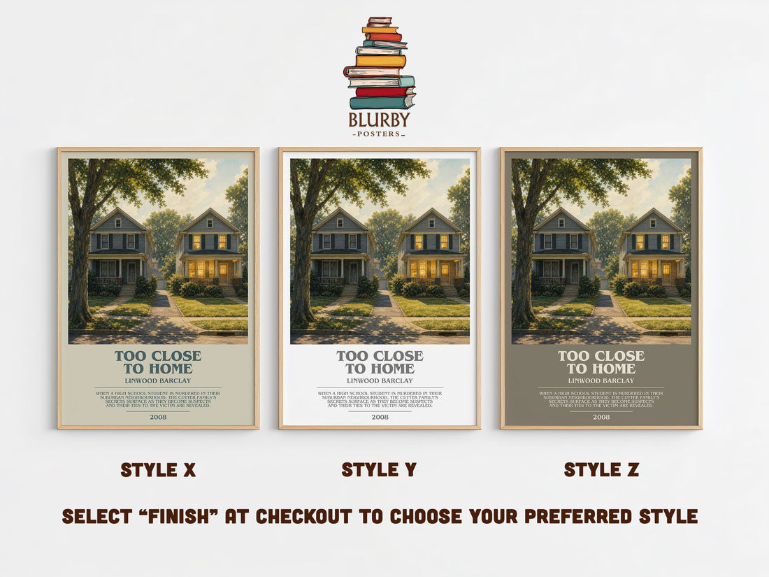 Too Close to Home bookish print in frame leaning in hallway – thriller wall art (mockup)