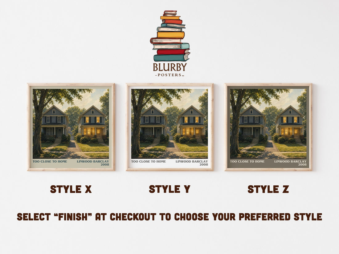 Too Close to Home literary print in frame leaning in hallway – thriller wall art (mockup)