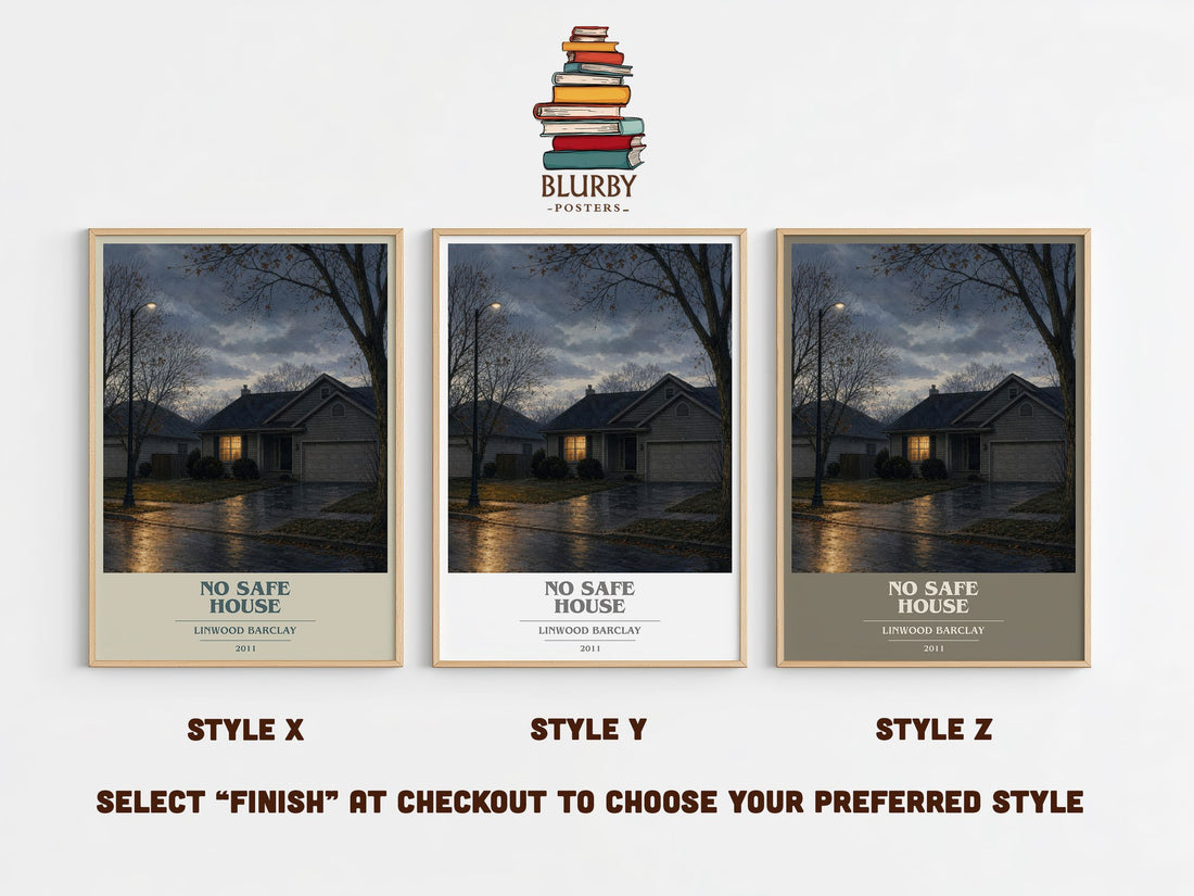 No Safe House book cover print in frame leaning in hallway – thriller wall art (mockup)